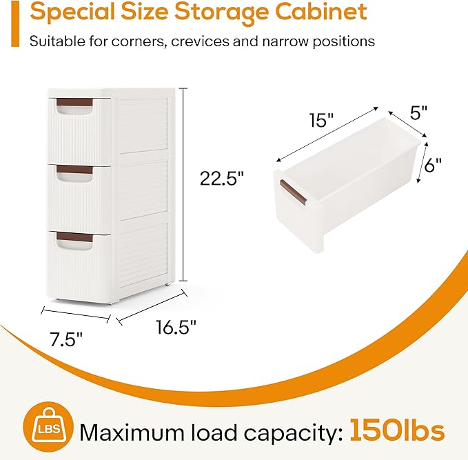 3 Drawers Slim Bathroom Storage Cabinet Dresser, Narrow Plastic Rolling Cart Organizer with Drawers, for Small Spaces, Kitchen, Laundry, Office, Bedroom, White