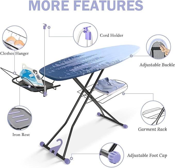 APEXCHASER Ironing Board Full Size with Iron Rest, Metal Panel Iron Board with Heat & Scorch Resistant Cover, Adjustable Height Heavy Duty Ironing Board, for Home, Dorm, 18 x 51 Purple