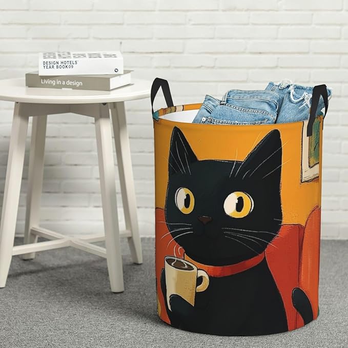 Cute Black Cat Print Laundry Basket For Storage Bins Gift Baskets Bedroom Clothes Hamper