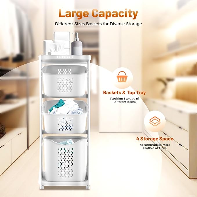Laundry Basket 3 Tier with Wheels Stackable Clothes Hamper Organizer Laundry Basket Organizer with Removable Baskets for Bathroom, Laundry Room, Dormitory