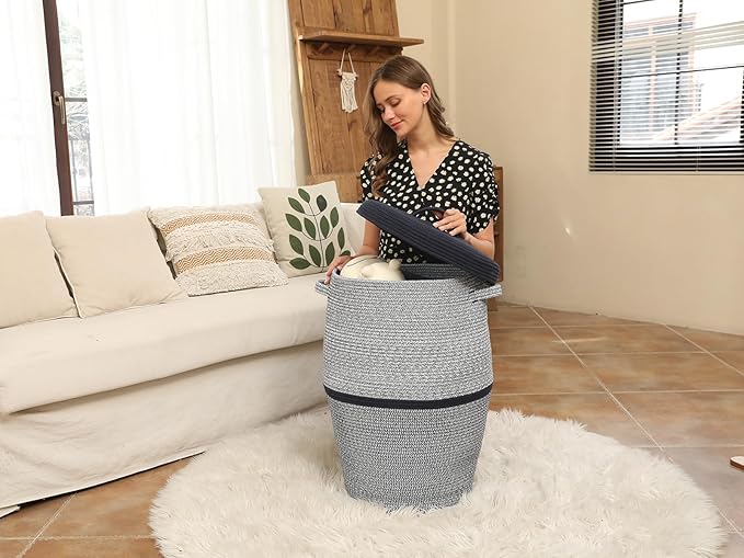 26" x 20" Handcrafted Tall Cotton Rope Basket with Lid, Stylish Flagon Shape with Cover, Clothes Hamper with Top, for Bedroom and Living Room, Two Sides Dark Blue Mix