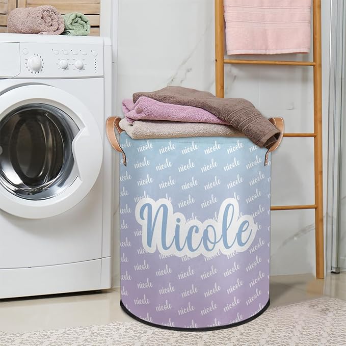 Custom Name Laundry-Hamper, Personalized Kids-Clothes-Hamper Foldable with Name, Customized Storage Basket with Handles Waterproof Gift for Boys Girls Baby Women,Gradient Green Purple