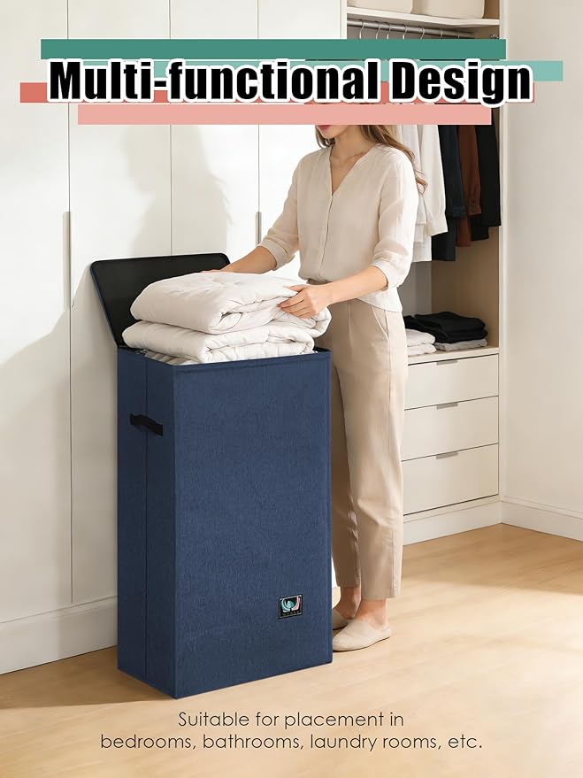Laundry Hamper with Lid, Reinforced Sturdy Clothes Hamper with Anti-Puncture Base, Large Collapsible Laundry Basket with Removable Liner Bag, Tall Dirty Clothes Bin for Family, 100L Navy Blue