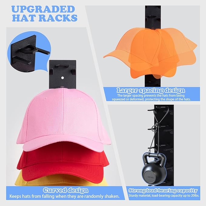 Hat Organizer for Baseball Caps, 2 Pack Hat Rack for Wall Hold up to 18 Hats Strong Adhesive Hat Hooks Stand Multilayer Hat Hanger Organizer Storage Holder Display for Door Closet Bedroom