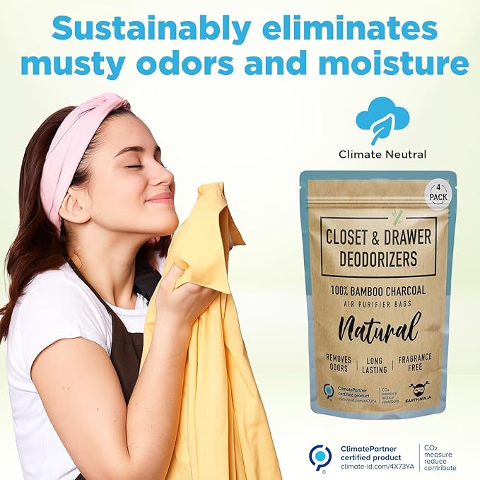 Closet & Dresser Odor Eliminator - Activated Charcoal Odor Absorber for Small Spaces, Air Fresheners for Home, Natural, Non-Toxic Air Freshener for Closet & Drawers - 4 Pack