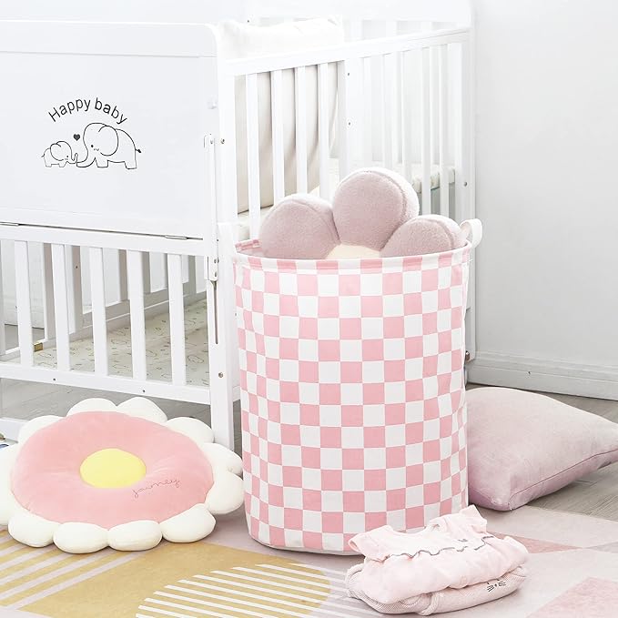 Sea Team 19.7 Inches Large Sized Waterproof Coating Ramie Cotton Fabric Folding Laundry Hamper Bucket Cylindric Burlap Canvas Storage Basket with Stylish Grid Pink Design