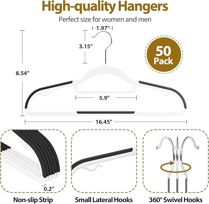 Plastic Hangers 50 Pack, 16.5 in Heavy Duty Clothes Hangers with 360° Swivel Hook, Non-Slip Bar & 0.2" Ultra-Slim Space-Saving Organizers for Coats, Pants, Suits, Shirts, White & Black