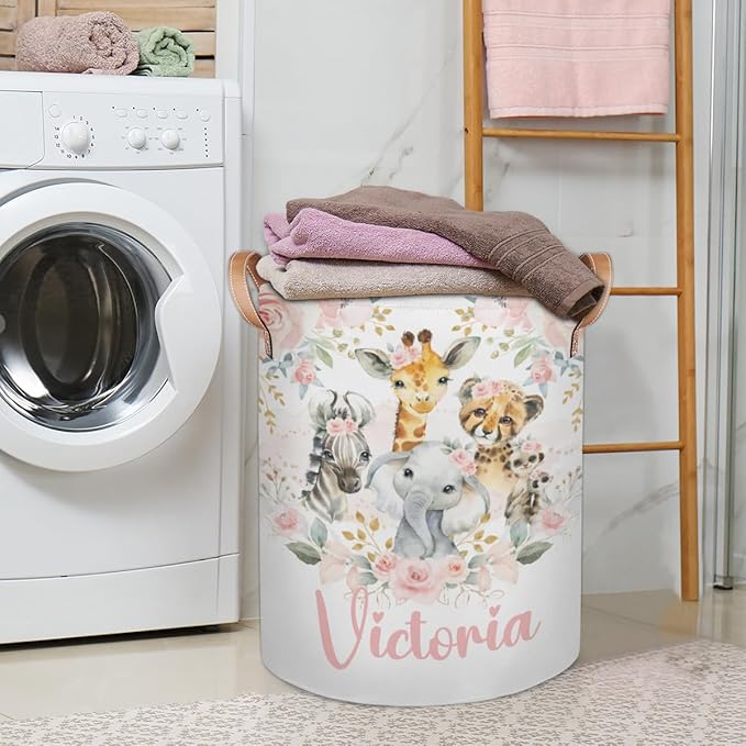 Personalized Laundry Basket, Custom Gift Laundry Hamper, Collapsible Nursery Waterproof Laundry Baskets, Dirty Clothes Toy Hamper with Handles Jungle Safari Blush Floral
