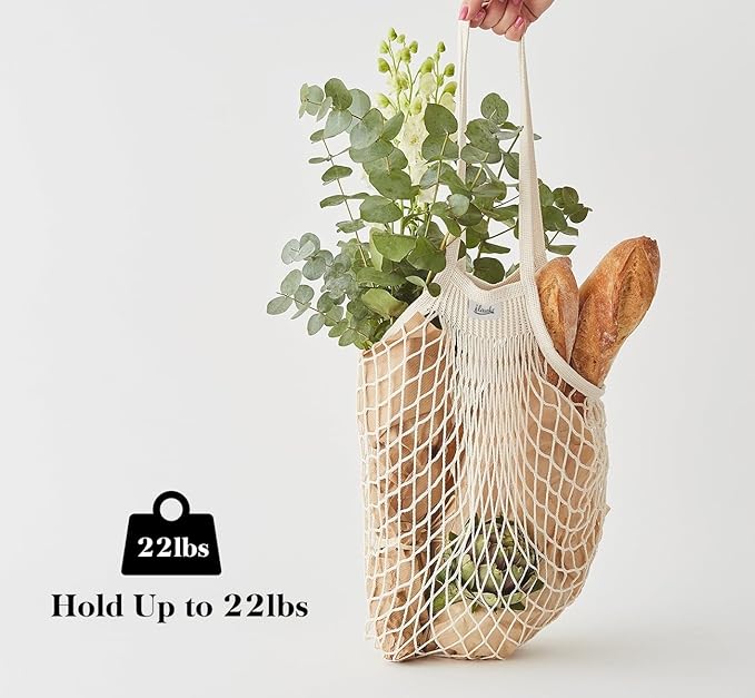 Lemonfilter Mesh Grocery Bags, 5 Pack Reusable Washable Cotton String Shopping Bag, Cotton Mesh Produce Bag with Long Handle Net Tote Bag for Fruit Vegetables Farmers Market Shopping (4 Color)
