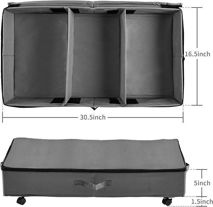 Frassie Under Bed Storage Containers with Wheels Under bed Shoe Storage Organizer Drawer with Metal Zipper (Grey)