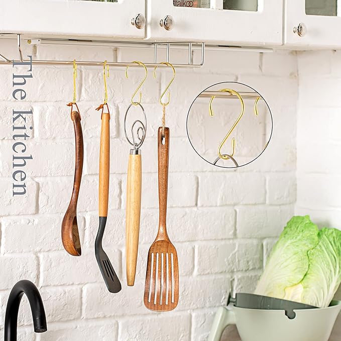 Hotop 36 Pcs S Hooks for Hanging 3.15 Inch Heavy Duty S Shaped Stainless Steel Hook Metal Hanging Curtain Hooks Pan Pot Holder Rack for Pot, Pan, Cups, Plants, Bags, Jeans, Towels(Gold)