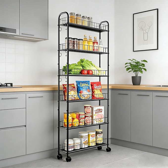 Slim Storage Cart with Wheels, 6-Tier 6in Black Narrow Rolling Shelf,Sturdy Slim Storage Ideal for Kitchen, Bathroom, and Laundry Room