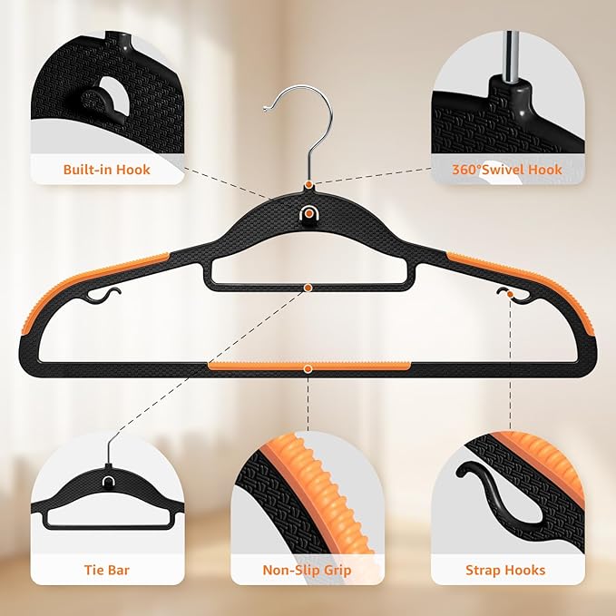 Yolife Cascading Plastic Clothes Hangers 20 Pack with Inner Hook for Vertical Storage, Slim Space Saving Hangers with Non-Slip Pads, 360° Swivel Metal Hook, Versatile, Black & Orange