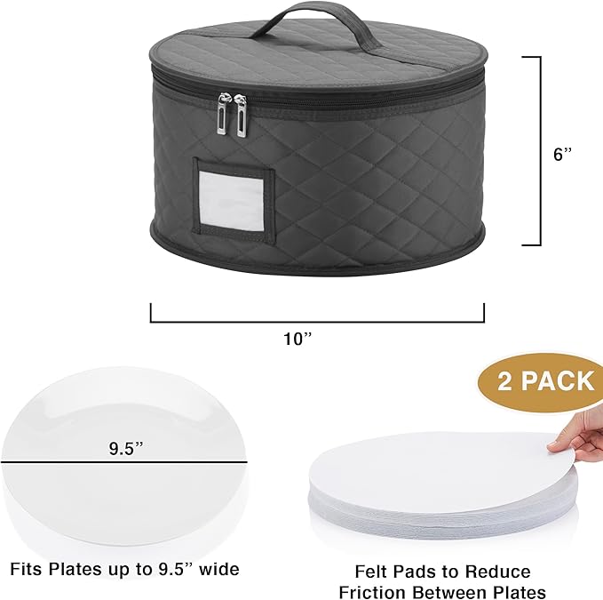 2 Pack 10" Salad Plate Quilted Cases - China Storage Container - Stackable With Padded Interior to Store your Dinnerware Dishes - Great for Luncheon Plates and Pasta Bowls