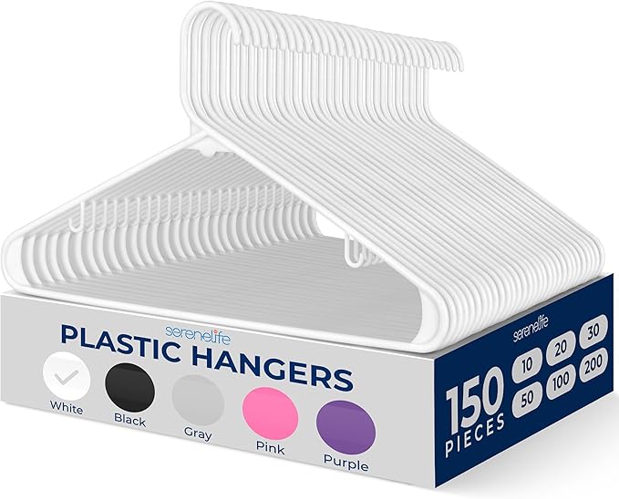 SereneLife White Plastic Hangers 150 Pcs, Durable Hanger Set with Slip Design, Tubular Hangers with 2 Integrated Strap Hooks, Mega Pack for Clothes