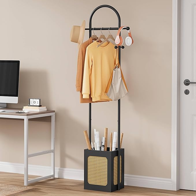 Tajsoon Coat Rack Stand with Wooden Base, Coat Tree Rattan Design, Coat Hanger Stand with 6 Hooks, Small Clothes Rack for Living Room, Bedroom, Office, Black