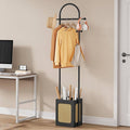 Tajsoon Coat Rack Stand with Wooden Base, Coat Tree Rattan Design, Coat Hanger Stand with 6 Hooks, Small Clothes Rack for Living Room, Bedroom, Office, Black