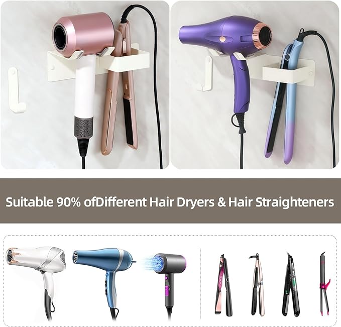 Hair Dryer and Straightener Holder, Upgraded Hair Straightener Holder with Cable Hook, Stainless Steel Universal Hair Dryer Wall Mount Waterproof for Bathroom Space-Saving White
