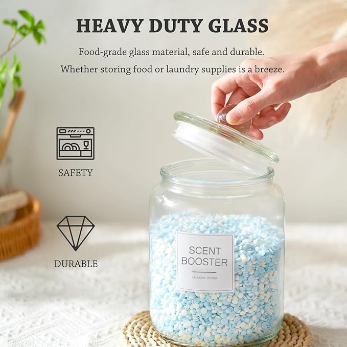 Laundry Pods Glass Jars - Half Gallon Airtight Containers with Scoop and Labels for Organization and Storage Laundry Room Detergents Powder, Scent Booster Beads Holder, Set of 2