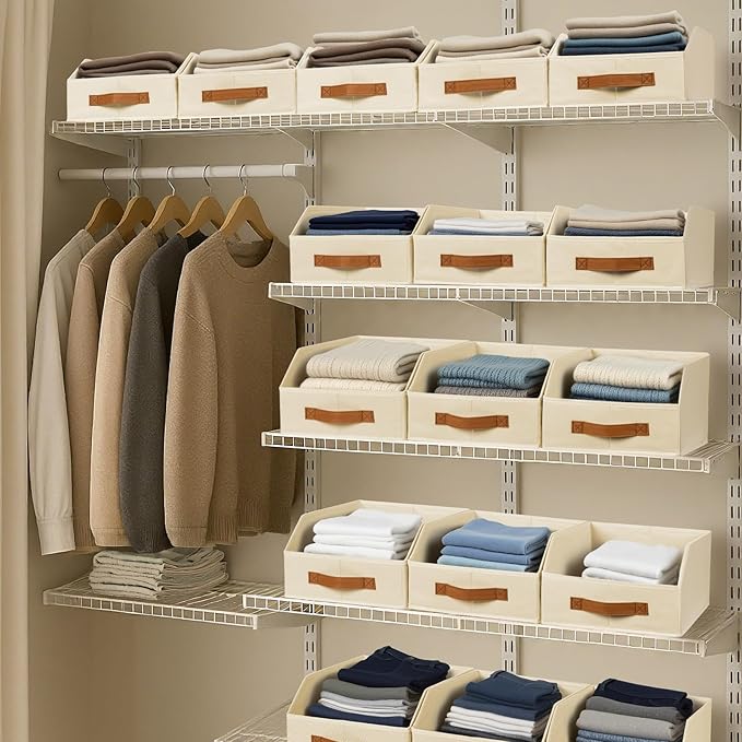 Fabric Storage Bins for Organizing - 8 Pack Large Trapezoid Collapsible Storage Bins with Front Handle, Closet Organizers and Storage for Bedroom, Home Shelves, Small Spaces, Beige