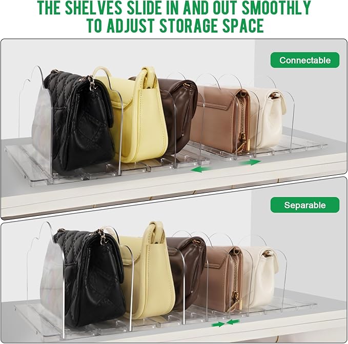 SOLY Purse Storage Organizer for Closet-Adjustable Shelf Dividers,2-Pack Clear Purse Organizers,for Handbags & Accessories Dividers in Bedroom, Clear(White)
