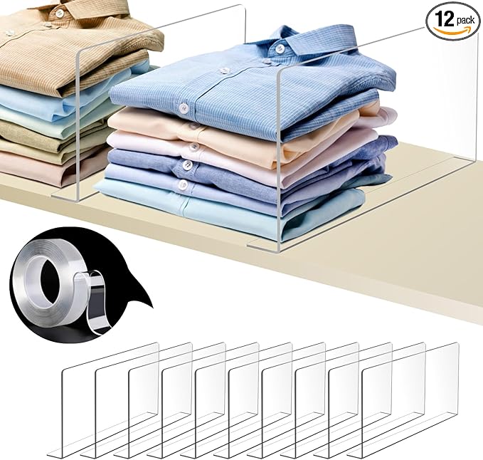Acrylic Shelf Dividers For Closet Organization，Sweater Organizer For Closet - 12pack 8” Tall Clear Plastic Shelf Dividers For Closets Shelves Cabinets