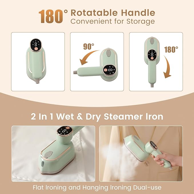 Portable Clothing Steamer, 1000W Clothing Wrinkle Remover, 3+1 Steam Adjustment Multifunctional Hanging Iron with LED Digital Display Screen, 130ml, with Water Shortage Warning, Safe Use (Green)