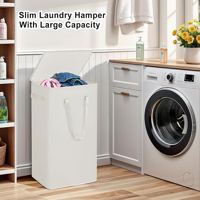 Odonata 75L Slim Laundry Hamper with Lid,Large Foldable Laundry Basket with Removable Bag and Handles Tall Collapsible Dirty Clothes Basket Great for Bedroom, Bathroom, Dorm, College,RV. (Beige, 75L)