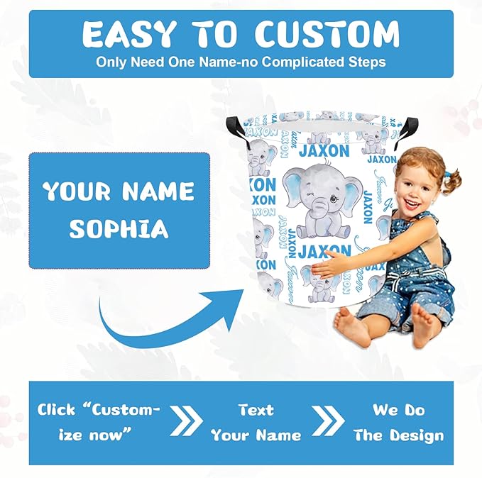 Personalized Laundry Hamper Custom Kids Dirty Clothes Hamper with Name Storage Basket for Bathroom Bedrooms Nursery for Baby Girls Boys Adults (Style-Blue Elephant)