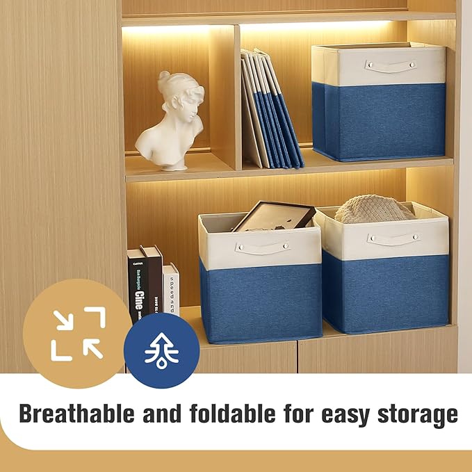 13 x 13 Inch Fine Linen Storage Bins with Handles，Fabric Cube Boxs，Basket Organizers for Shelves for Home, Closet Drawers (White/Blue-6 Pack)