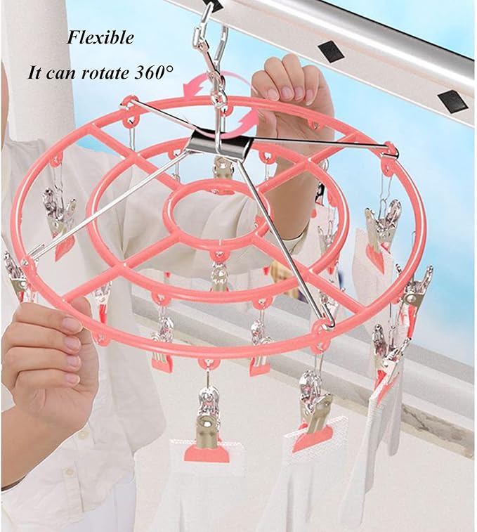 Stainless Steel Clothes Sock Drying Rack with 24 Clips, Swivel Hook Windproof Clothes Hanger Rack for Sock, Bras, Towel, Underwear, Laundry Clothes, Hat, Scarf, Pants, Gloves (Pink Clips)