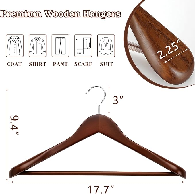 Premium Wooden Suit Hangers for Men Women, 6 Pack Wide Shoulder Wooden Hangers with Non Slip Pants Bar for Suits, Coats, Jackets, Dress, Heavy Duty Wide Clothes Hanger, Walnut