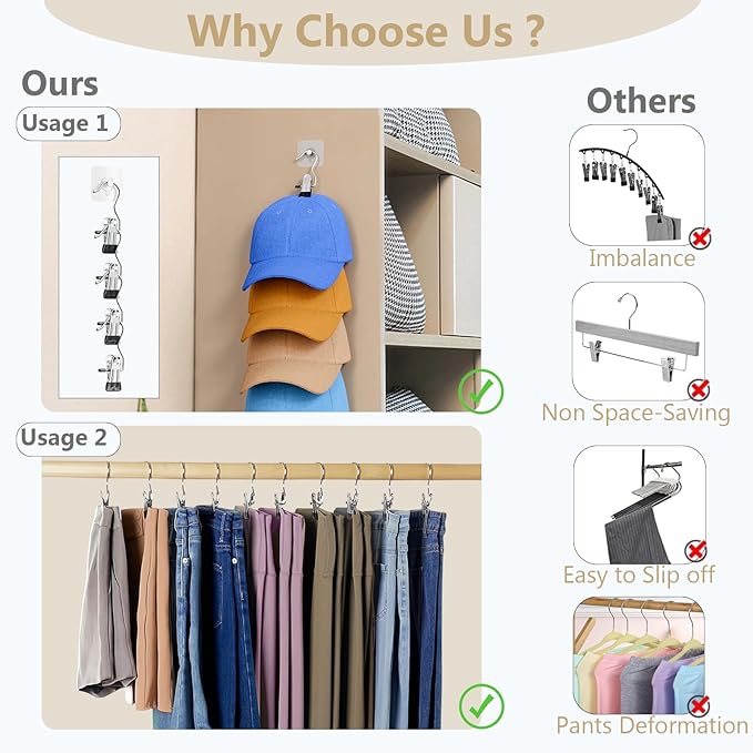 Pant Hangers with Clips, Hanger Clips, Clothes Pins, Space Saving Hanging Closet Organizer Storage, Jean Hangers, Clothespins for Leggings, Pants, Skirt, Hat, Boots, 24 Clips+6 Self Adhesive Hooks