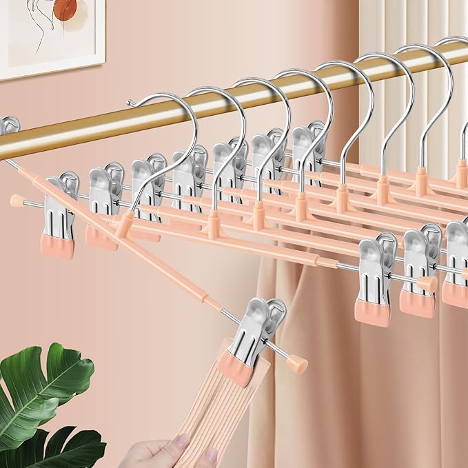 Pants Hangers with Clips 10PACK Adjustable Skirt Hangers for Women Metal Non-Slip Trousers Hanger Heavy Duty Space Saving Clothes Hanger for Shorts,Jeans,12Inch Coral Pink