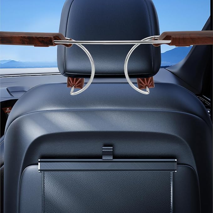 Multifunctional Vehicle Clothes Hanger Rack with Sturdy Wood and Stainless Steel Suit and Jacket Organizer for Car Headrest Space-Saving Garment Rack for Travel and Daily Use