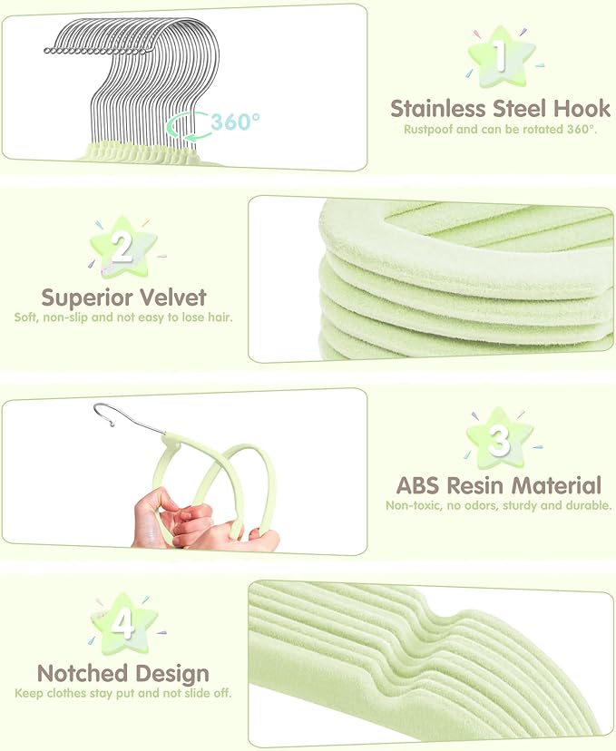 VIS'V Baby Hangers, 11 Inch Velvet Kids Hangers with 6 Pcs Clothes Size Dividers, Infant Toddler Nursery Closet Organization, Non Slip, Lime Green, 30 Pcs