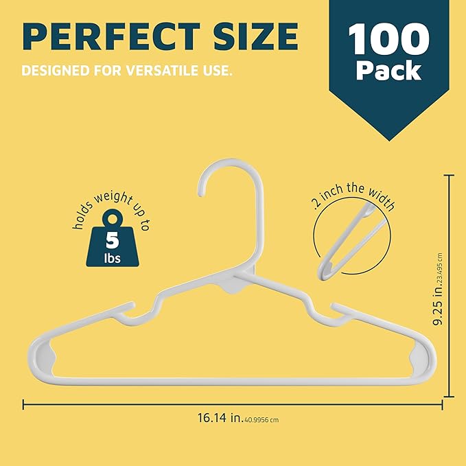 Lifemaster Plastic Kids Clothes Hanger – Children Clothes Hanger with Shoulder Notch, 11.6 Inch Space-Saving Closet Organizer for Baby, Toddler, and Kids Clothing, Hold Up To 5 lbs, Pack of 100, White