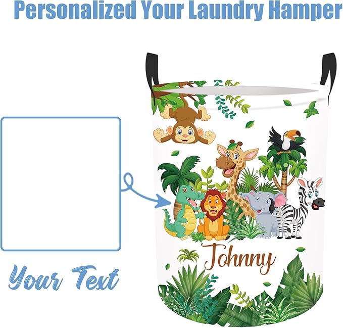 Personalized Name Baby Boys Hamper 2 Sizes, Custom Name Safari Animals Laundry Baskets for Toddler Kids Adults, Customize Baby Name Woodland Animals Print Storage Basket with Handles