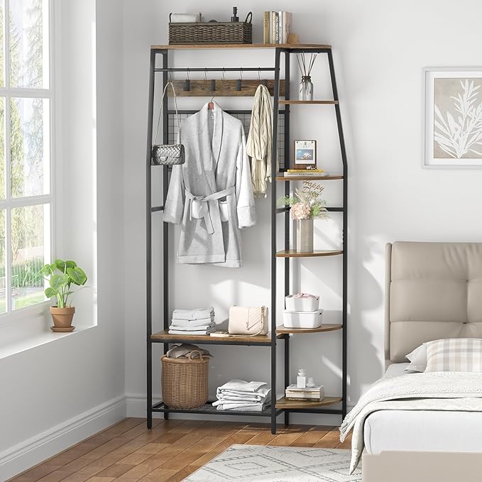 Giluta Coat Rack, 70" Hall Tree with Bench and Shoe Storage, Freestanding Entryway Coat Storage Rack with Hooks and Wooden Storage Shelves for Entryway, Living Room, Bedroom