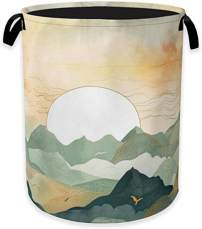 Laundry Hamper,Boho Sunrise Laundry Basket,Watercolor Green Mountain Portable Collapsible Laundry Room Organization Storage for Dorm Room,Nursery,Bathroom,Bedroom,16x20 Inch