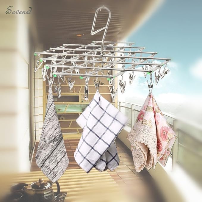 Seven Stainless Steel Socks Drying Rack with 35 Clips, Rustproof Clothes Hanger Washing Line Windproof Hanging Dryer for Socks Underwear Towels Scarves Shirts Etc.