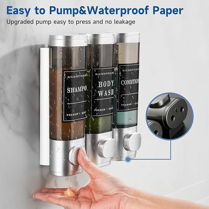 Shower Soap Dispenser 3 Chamber No Drill Wall-Mounted,Shampoo and Conditioner Dispenser Shampoo Dispenser for Shower Wall Mounted Body Wash Dispenser for Bathroom Hotel Kitchen Large Capacity