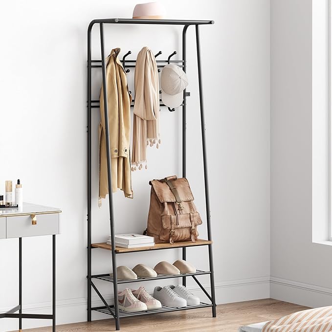 4-in-1 Entryway Organizer with 10 Double Row Hooks, Coat Rack and Shoe Storage Bench, Sturdy Metal Frame, Space-Saving Design for Living Room or Foyer, Rustic, 25.2" D x 11.4" W x 70" H