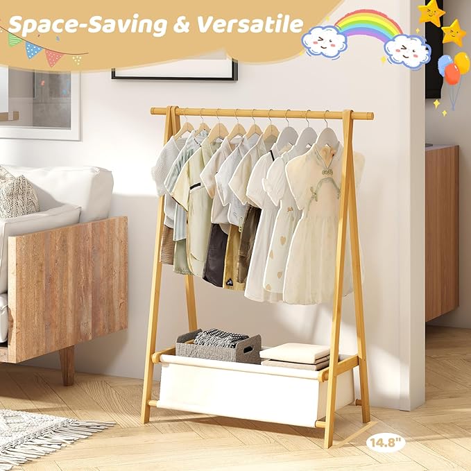 Dress Up Rack - Clothing Rack with Storage Box, Dress Up Storage, Small Foldable Bamboo Garment Stand with Hanging Rods, Dress Up Holder