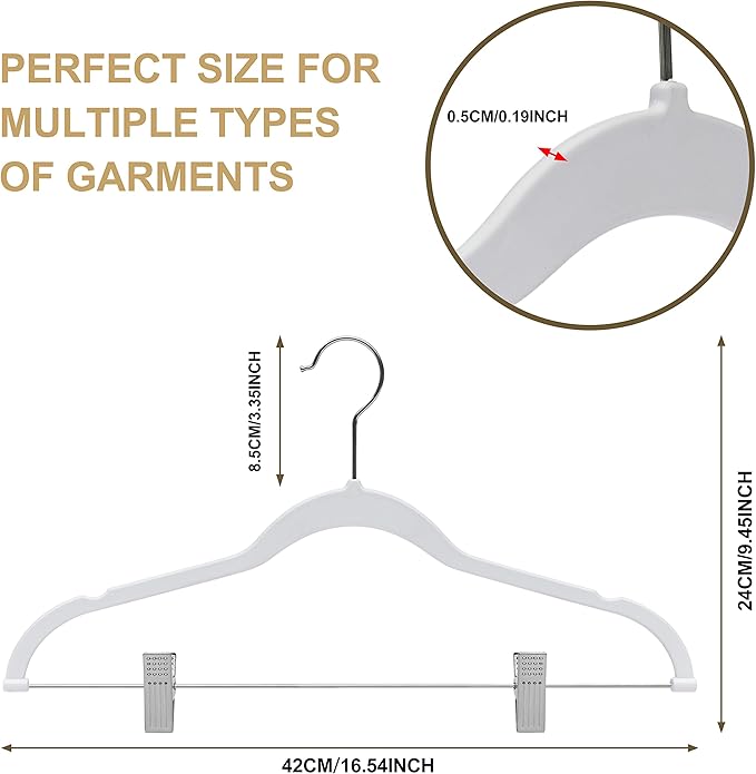80 Pack White Quality Plastic Non Velvet Non-Flocked Thin Compact Coat Hangers with Metal Clips for Skirts Pants Blouses 360° Swivel Hook