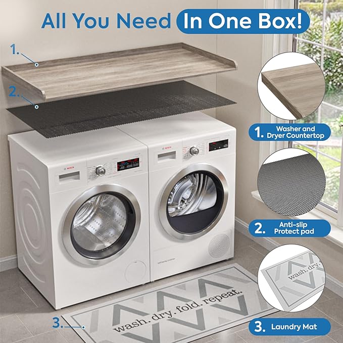 Washer Dryer Countertop, 27.5" x 54" Washer and Dryer Countertop with Non-Slip Pad,Large Laundry Topper for Laundry Room Organization,Grey