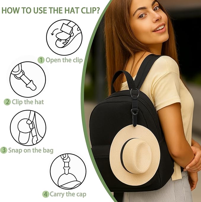 Hat Clip for Travel on Bag - Elastic Hat Holder Clip for Sun Hats, Baseball Caps, Backpack, Luggage & Suitcase, Essential Travel Accessories for Vacation Beaches(2 Pack, Black)