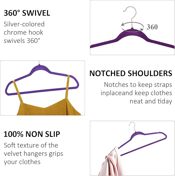 VECELO Premium Velvet Suit Hangers Heavy Duty (50 Pack) - Non Slip & Space-Saving Clothes Hangers with 6 Finger Clips and Tie Rack Excellent for Men and Women (Purple)