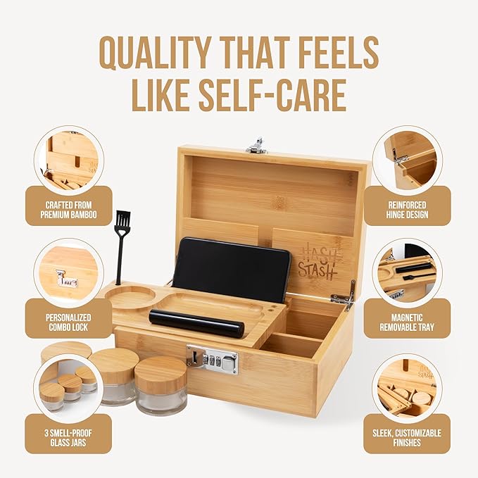 The OG Storage Box - Large Bamboo Box with Combination Lock, Magnetic Lid, Organizer Tray, Airtight Tube and 3 Smell-Proof Jars - Discreet Decorative Locking Wooden Box with Accessories (Wood/Silver)