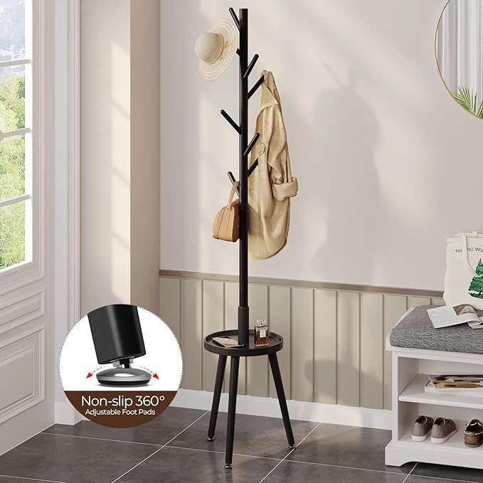 GREENSTELL Coat Rack with 8 Hooks, Wooden Coat Rack Freestanding with Shelf, Coat Tree with 4 Height Options 50.5"-72.6", Coat Hanger Stand for Bags, Clothes, Umbrellas, Hats, in Home, Black